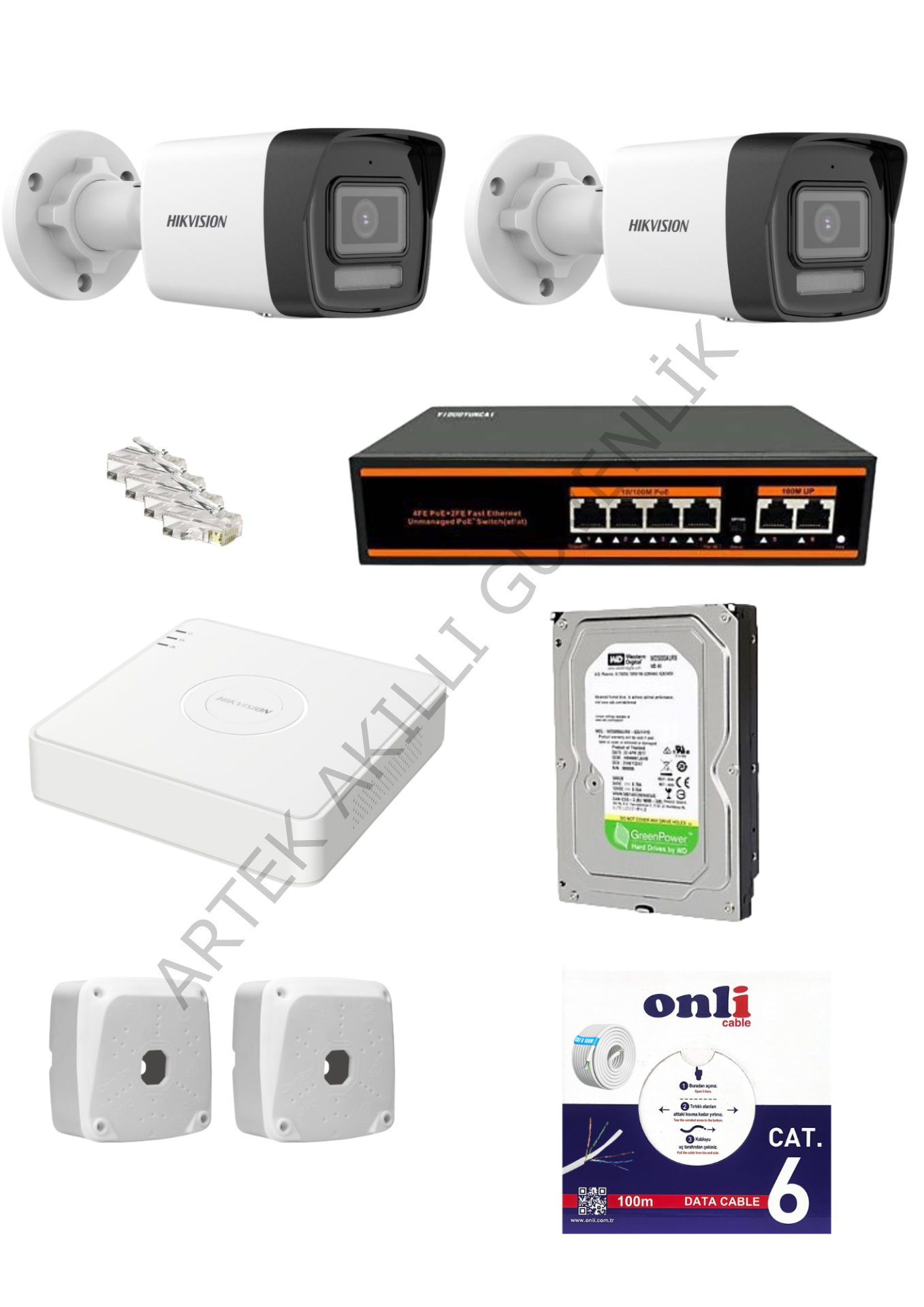 Hikvision 2 Kameralı 7/24 Renkli Hazır IP Kamera Seti