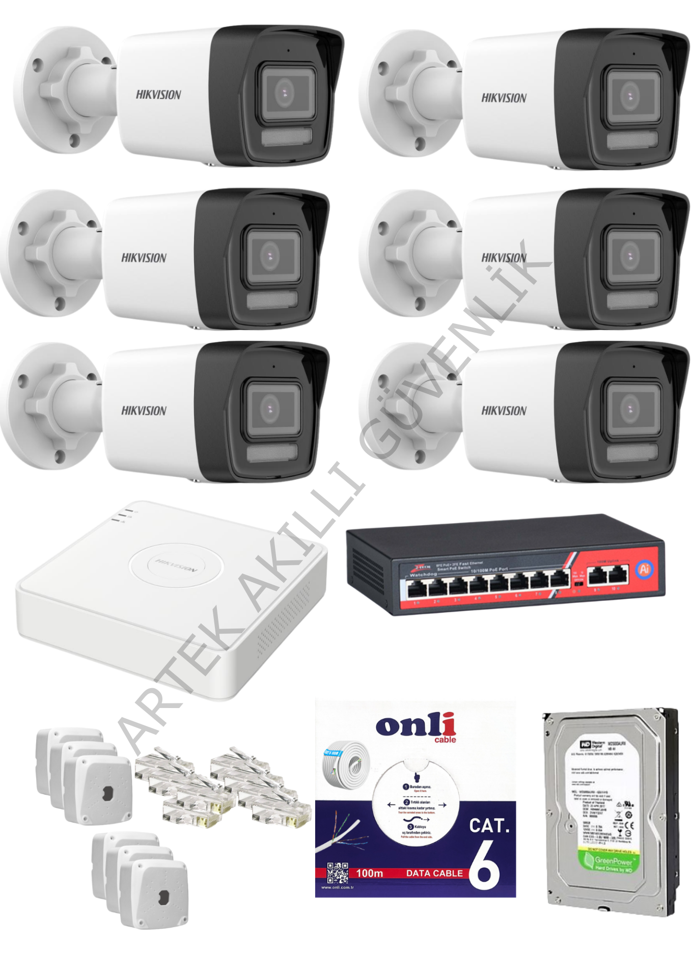 Hikvision 6 Kameralı 7/24 Renkli Hazır IP Kamera Seti