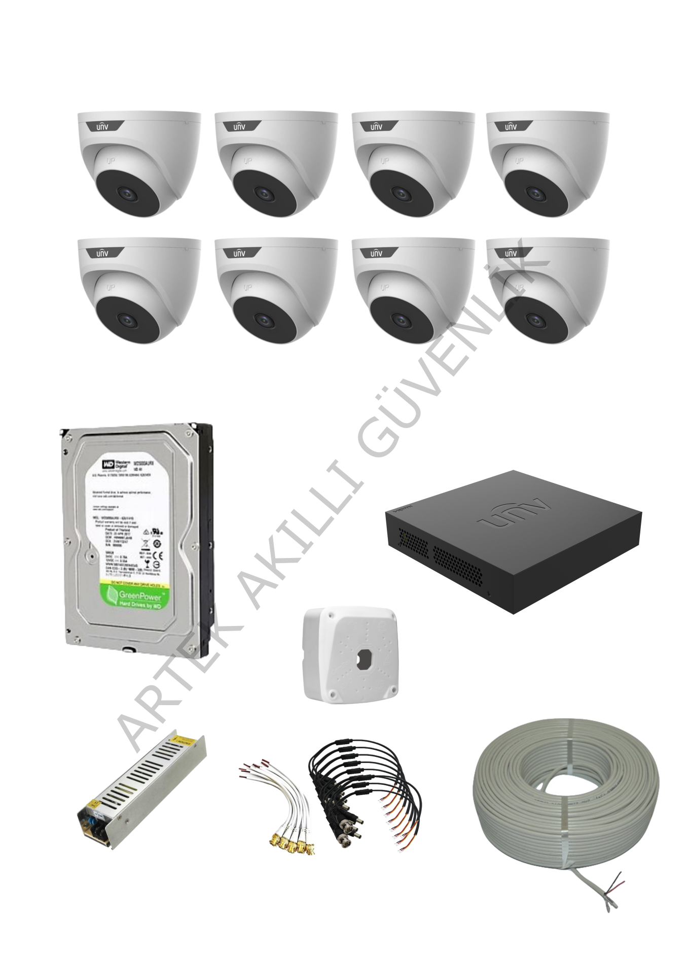 Uniview 8 Kameralı Dome IR LED AHD Kamera Seti